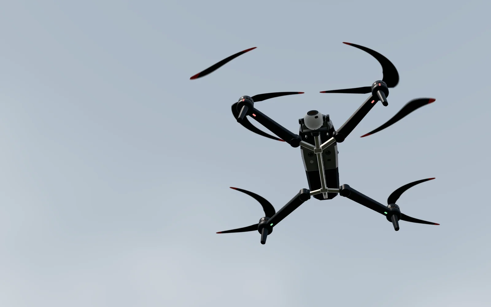 A drone seen from below against an overcast sky, its propellers bent into curves by a phone camera's rolling shutter.